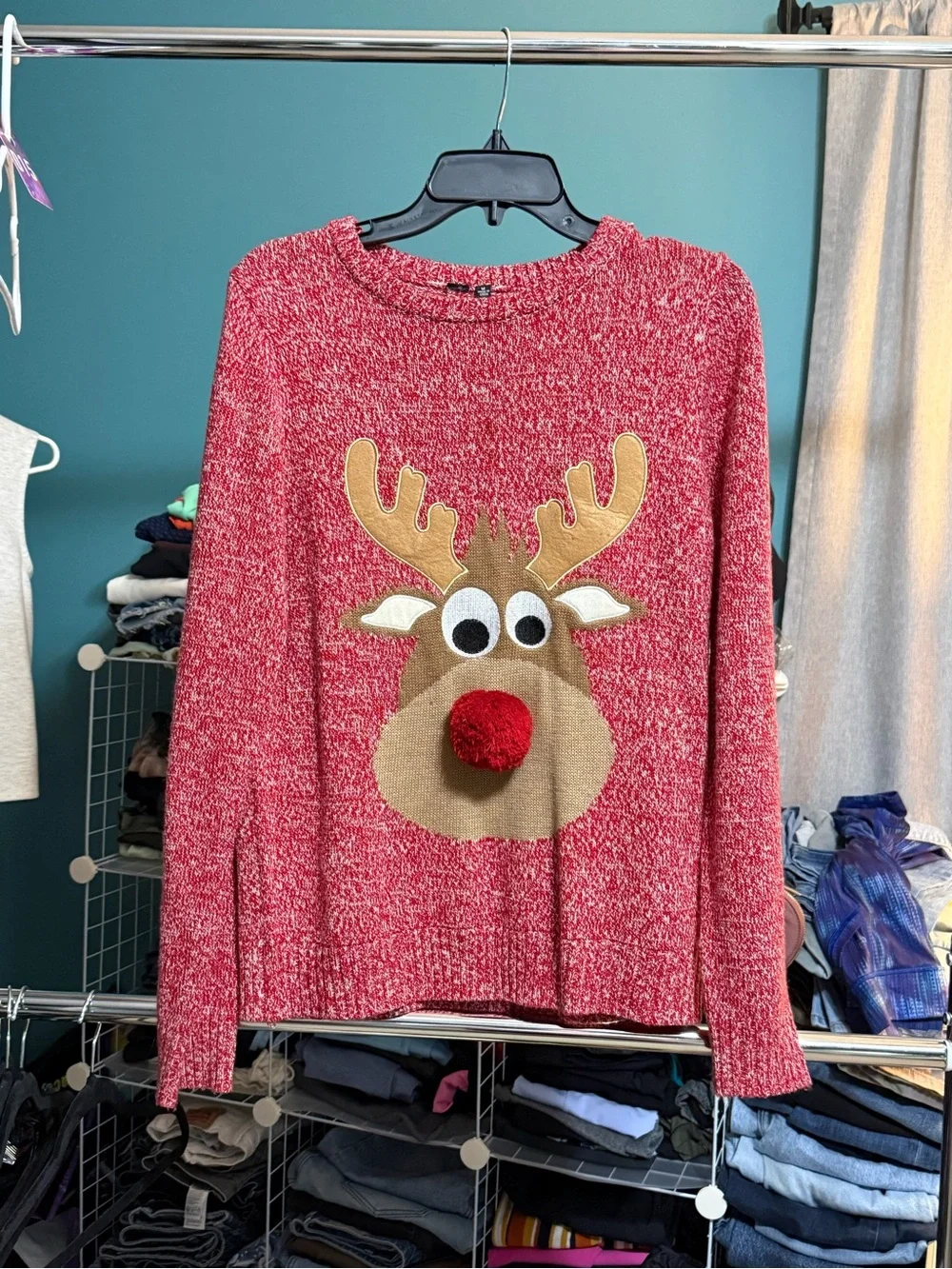 Reindeer Christmas Sweater Red Marled Knit Pom-Pom Nose